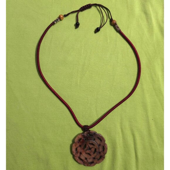 N/A Jewelry - Hand-Carved Floral Jadeite Pendant Necklace With Adjustable Burgundy Cord